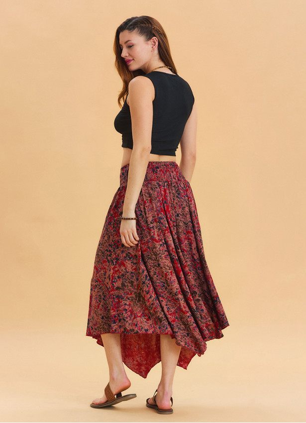 Red Patterned Bohemian Skirt with Gipe Detail and Tied Waist 4507